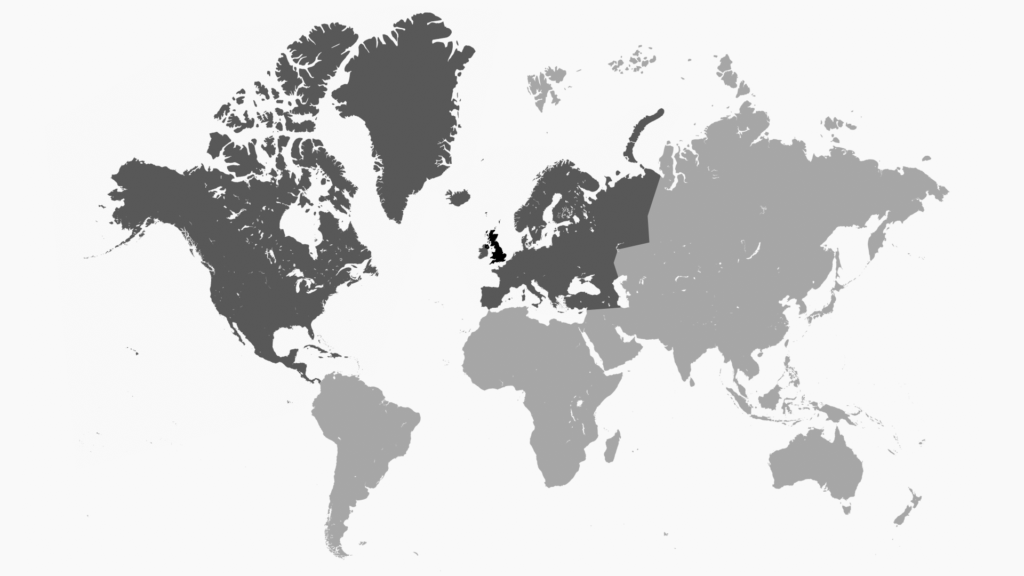 The UK, Europe and North America highlighted on a world map