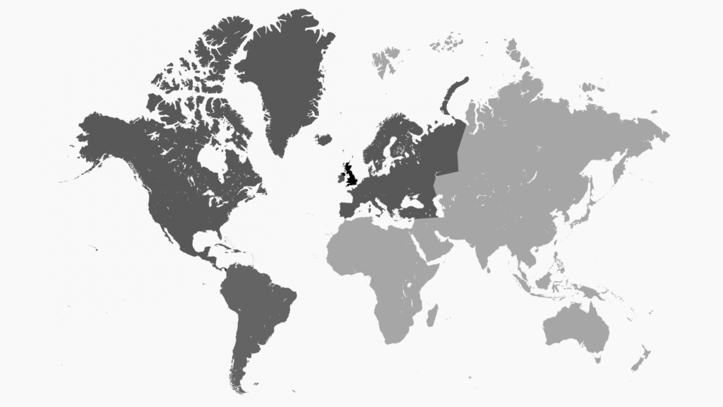 The UK, Europe, North and South America highlighted on a world map