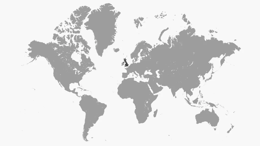 The tiny UK highlighted black in a map of the world