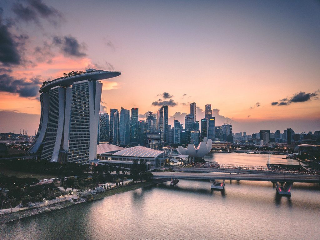 Marina Bay Sands hotel with ultra modern city scape of Singapore in the background