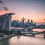 Marina Bay Sands hotel with ultra modern city scape of Singapore in the background