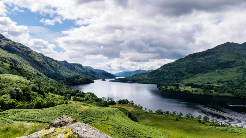 A vast Scottish highlands landscape empty of people that contrasts the myth that the UK is full